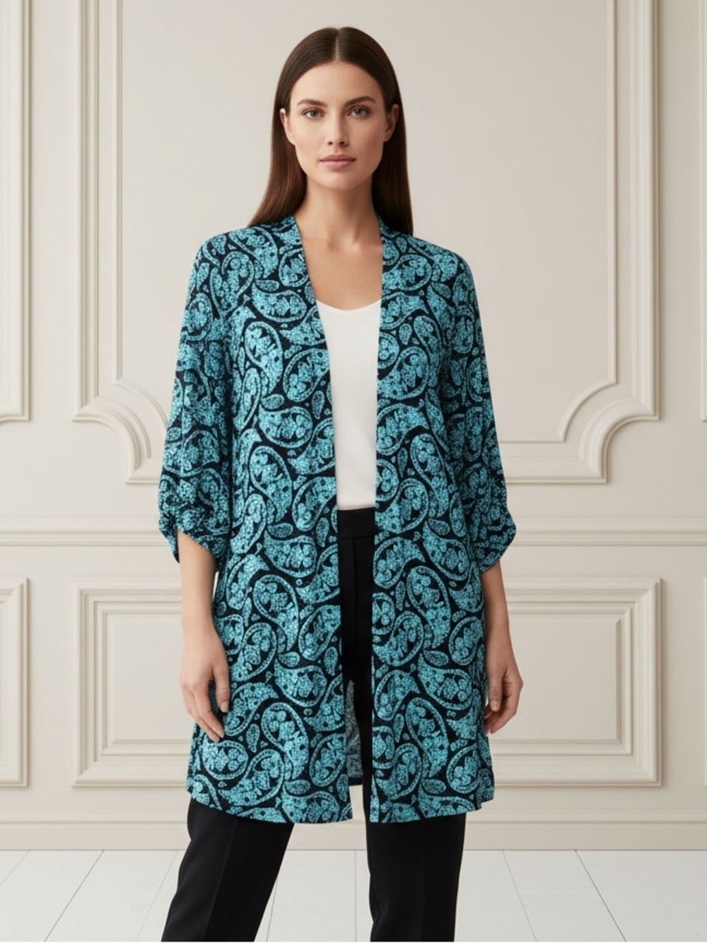 Dear Scarlett Elegant Turquoise and Black Lightweight Paisley Front Open Kimono